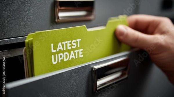 Fototapeta Person removing file labeled latest update from a filing cabinet drawer