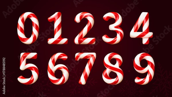 Fototapeta Christmas numbers 0 through 9 designed as striped candy canes on a dark red gradient background with snowflakes. Festive holiday typography, sweet number set, winter decorative font for Christmas card