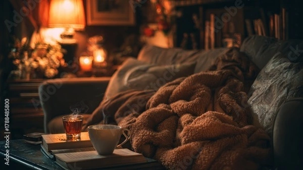 Fototapeta Cozy evening at home warm drinks soft blanket book