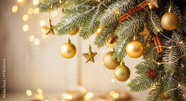 Fototapeta Festive image of decorated evergreen branch with gold ornaments, cinnamon sticks and star anise, symbolizing celebration, holiday spirit, and festive mood