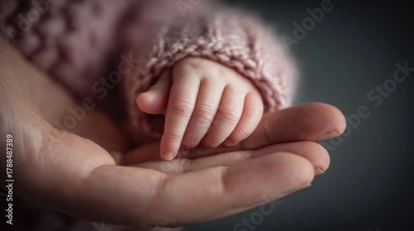 Fototapeta Close up of baby hand in adult hand tenderly held with soft lighting
