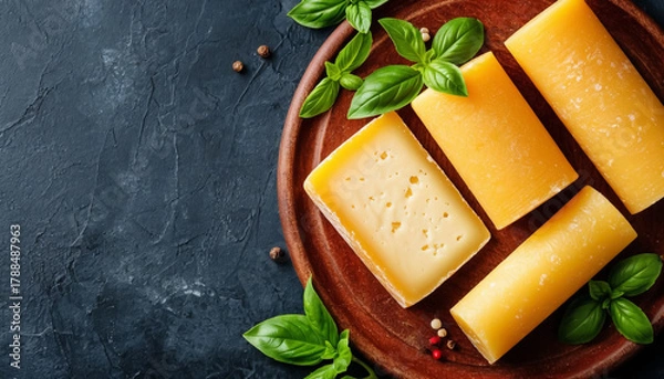 Obraz Assorted cheese variety top view on wooden table, food photography.