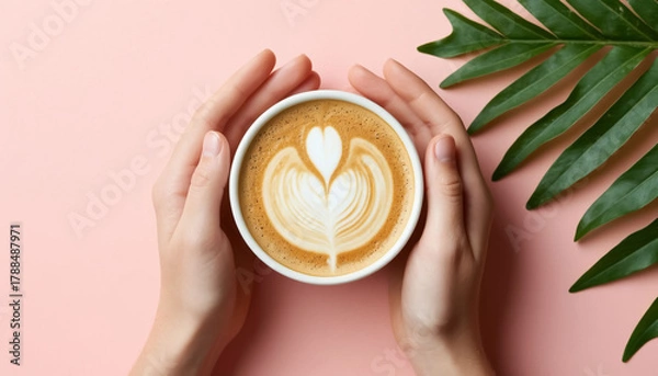 Obraz Latte coffee cup with foam in hands top view