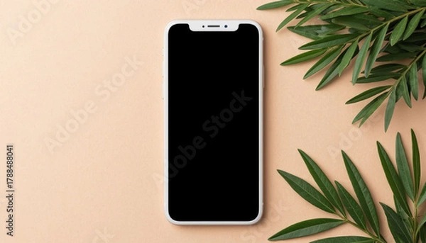 Obraz Beige background phone mockup empty screen