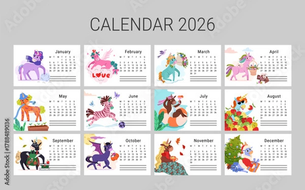 Obraz Horizontal calendar for 2026 featuring charming horse. Monthly fantasy unicorn. Each scene shows unique mood for every season. Week starts on Monday. Vector flat illustration.