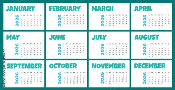 Fototapeta green -  calendar Year 2026.  vector calendar. Calendar on white Background for business. Week Starts Sunday. template, simple and clean design.