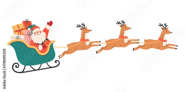 Obraz Santa Claus flying on sleigh with reindeers with Christmas presents. Perfect for greeting cards, invitations, posters, seasonal design. Flat vector illustration isolated on white background