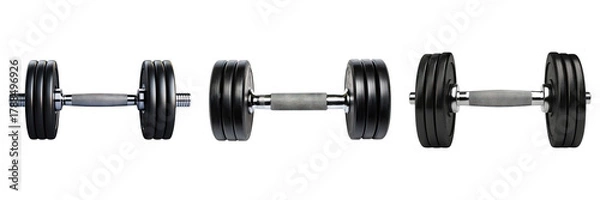 Fototapeta Set of black dumbbells for fitness and exercise with heavy weights and a metallic handle. Perfect for strength training and body building
