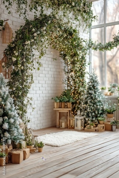 Fototapeta Cozy Holiday Scene With Decorative Archway and Winter Trees in a Bright Room