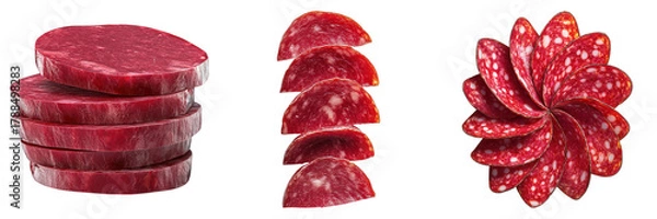 Obraz A display of sliced sausage, showcasing different arrangements