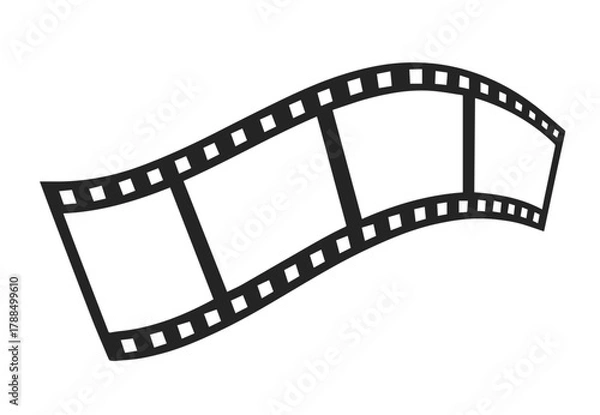 Fototapeta Black filmstrip with rectangular frame curves on white background. Perforations along both edges. Simple flat vector graphic. Old movie cinema tape.
