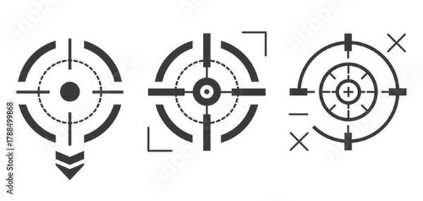 Fototapeta Three black geometric crosshair target icons in a row. Military target, shooting game gun element. Different aim arrangements with brackets and points.