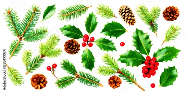 Fototapeta Winter holiday Christmas tree branch with red berries and pine cones decoration