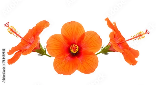 Fototapeta Three Vibrant Orange Hibiscus Flowers Displayed In A Row Isolated On A White Background
