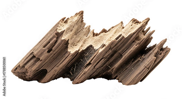Fototapeta Close-up of a splintered piece of old brown driftwood with a rough texture on a white background