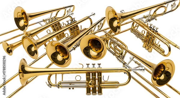 Fototapeta A dynamic composition of shining brass instruments, showcasing the elegance of musical artistry and symphonic sound