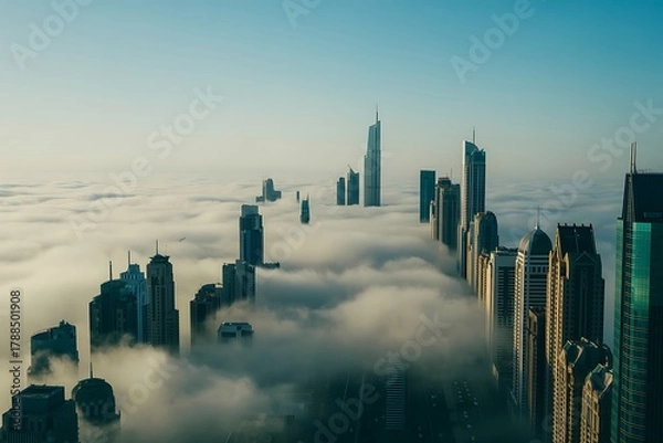 Fototapeta Dubai skyscrapers emerging from morning fog inversion aerial view