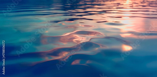 Fototapeta Águas profundas em um mar mágico de cores escuras e brilhantes no pôr do sol alaranjado