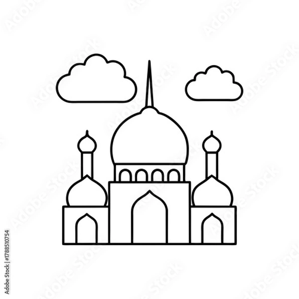 Obraz Outlined mosque with clouds in a simple design on transparent background