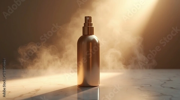 Fototapeta Metallic spray bottle on a marble table with light beam background