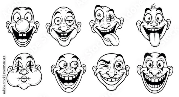 Obraz Black and white cartoon caricatures of eight male faces with exaggerated expressions including grinning, smirking, and playful features.