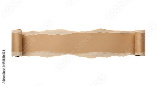 Fototapeta Torn brown paper banner with rough edges and rolled sides, perfect for creative text placement and design elements