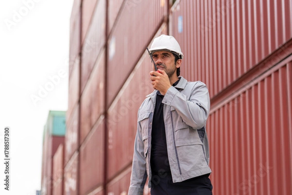 Fototapeta Male engineer in safety helmet using walkie talkie while inspecting stacked cargo containers at an outdoor logistics terminal shipping yard.
