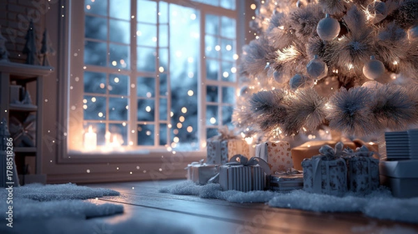 Obraz cozy christmas living room with decorated tree and fireplace