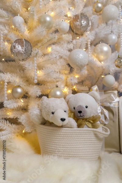 Obraz Cozy Christmas Decor with Teddy Bears and White Tree