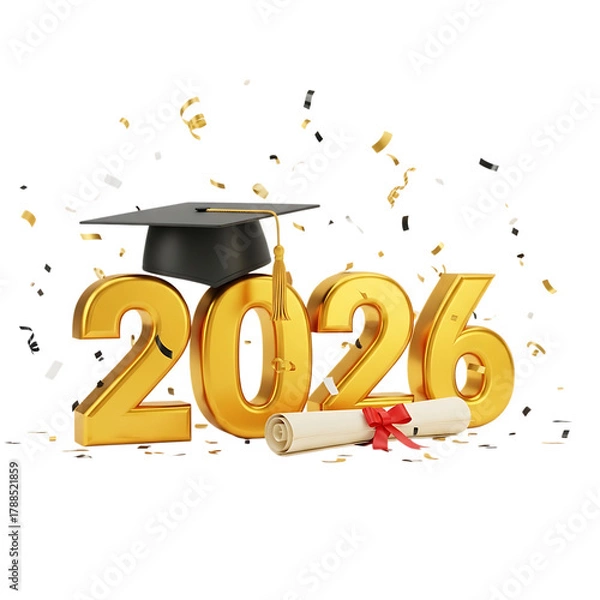 Obraz Golden 2026 graduation year with cap and diploma surrounded by confetti on black background