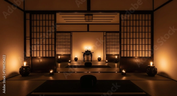Fototapeta Serene traditional Japanese room interior illuminated by warm candlelight, creating a peaceful and spiritual meditation space for contemplation