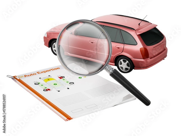 Fototapeta Auto expertise concept. Magnifying glass on the model car with test results on transparent background. 3D illustration
