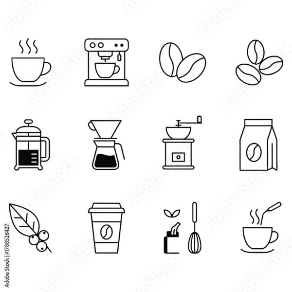 Fototapeta Vector set of drink icons: tea, coffee, cocktail, beer, wine, and juice glass symbols for cafe and restaurant beverage menus