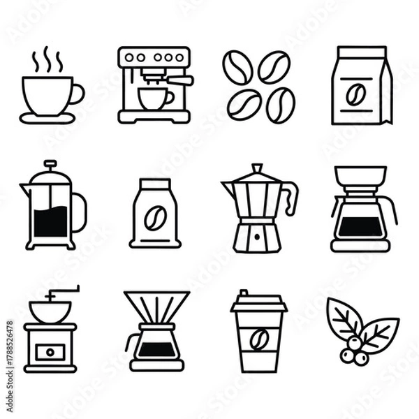 Fototapeta Vector icon set illustrating various black and white beverage designs including coffee, tea, espresso, mug, cup, glass, and cocktail symbols for cafe and restaurant menus