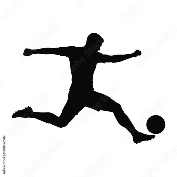 Fototapeta Vector silhouette illustration of a male soccer player athlete in action, kicking a football with a jumping body pose