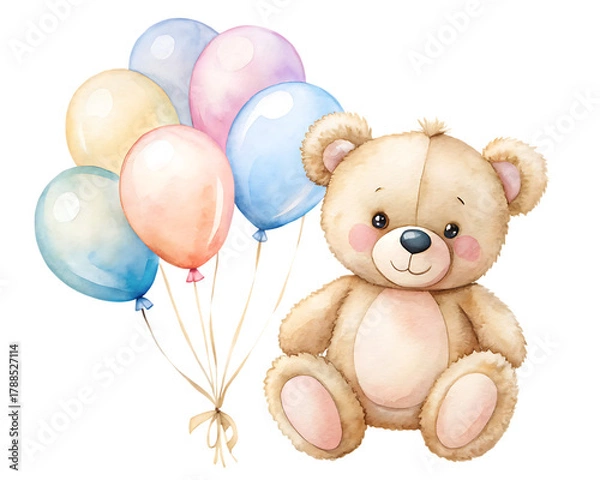 Fototapeta Cute teddy bear holding a bunch of colorful balloons isolated on white background