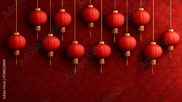 Obraz Beautiful display of red lanterns hanging against a rich red background for festive occasions in a traditional setting