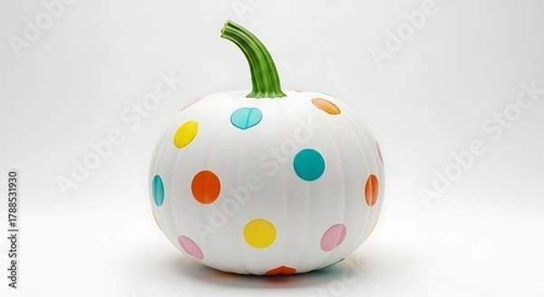 Obraz White Pumpkin Decorated With Colorful Polka Dots And Green Stem decoration