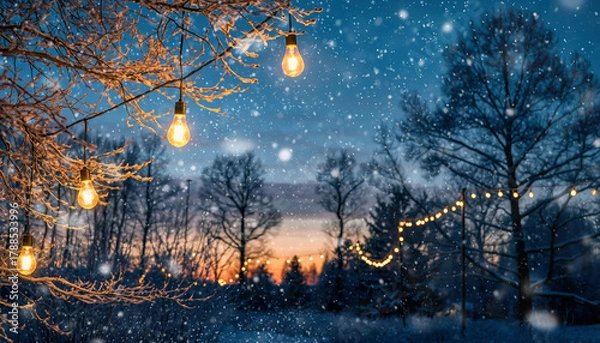 Fototapeta Winter Snowfall Background with Frosted Tree Branches and Warm Festive Lights