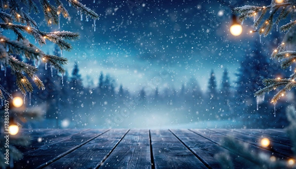 Fototapeta Winter Snowfall Background with Frosted Tree Branches and Warm Festive Lights