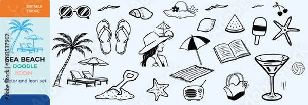 Fototapeta Hand-drawn doodle beach and surf icon vector set in retro colors with tropical elements like palm trees, waves, surfboards, and sun. Perfect for summer designs, t-shirts, posters, and coastal designs.