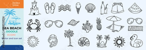 Fototapeta Hand-drawn doodle beach and surf icon vector set in retro colors with tropical elements like palm trees, waves, surfboards, and sun. Perfect for summer designs, t-shirts, posters, and coastal designs.