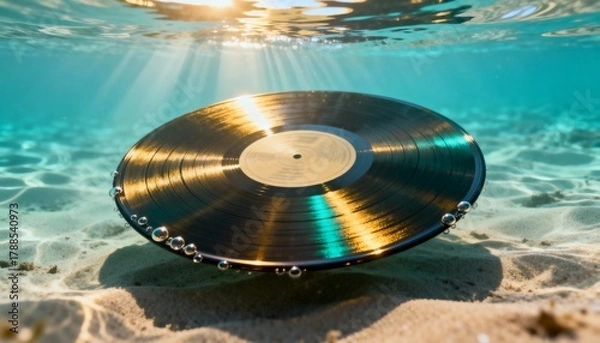 Obraz A vinyl record floats underwater, illuminated by sunlight, creating a serene and artistic scene with bubbles and sandy texture below.