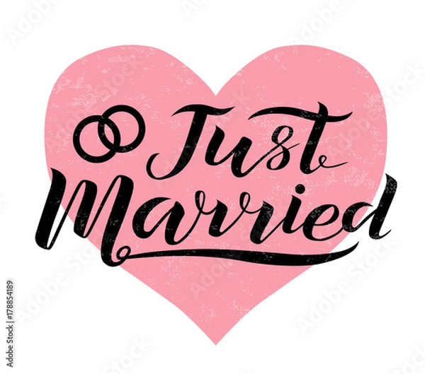 Fototapeta Hand drawn Just married custom lettering text on background, vector illustration.