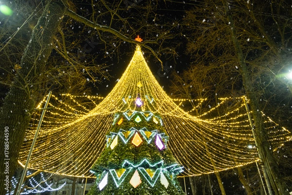 Obraz High city Christmas tree with a mushroom cap made of garlands, glows at night on the street. Christmas, New Year, decoration of the city. 