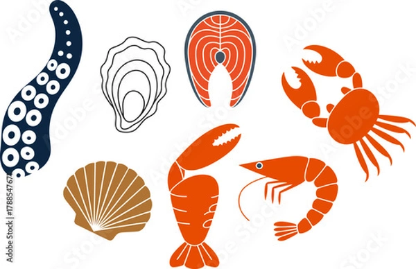 Fototapeta Assorted Seafood Marine Life Icons Vector
