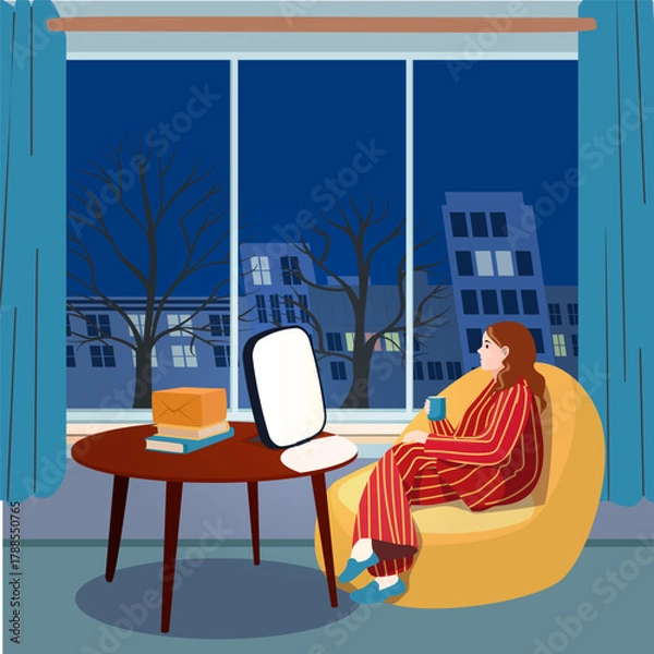 Fototapeta Woman in striped pajamas using light therapy lamp at night for seasonal affective disorder in cozy home interior with large window and winter city view