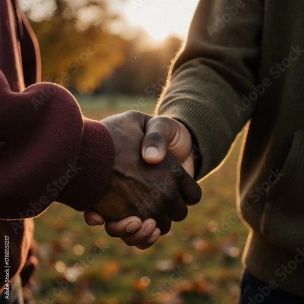 Fototapeta Two hands, two worlds, one firm shake—no flags, no words, just pure human connection. A moment of unity between cultures, captured in perfect detail: skin tones, textures, light, and quiet dignity. Th