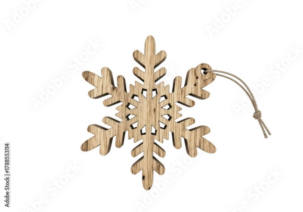 Fototapeta Wooden snowflake ornament with jute string rustic christmas decoration with natural wood grain and intricate design, perfect for holiday crafts and decor isolated on a transparent background	