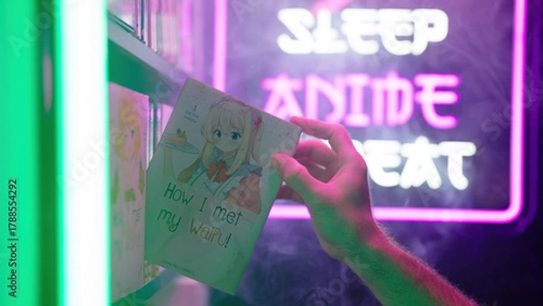 Obraz Hand pick a manga comic with cute anime maid girl from shelf with futuristic neon sign Eat Sleep Anime Repeat in background